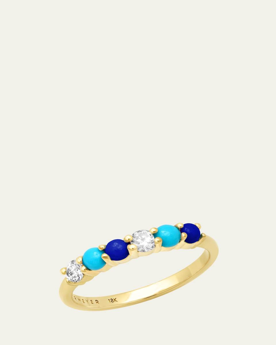 18K Yellow Gold Four-Prong Ring with Diamonds, Lapis and Turquoise